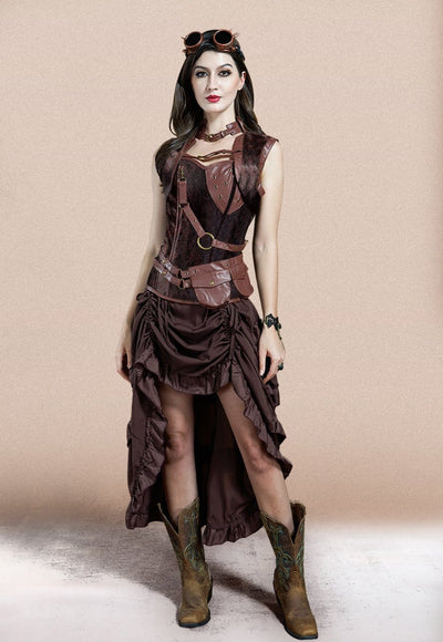 Steampunk Corset Outfit, Brown Corset Bodysuit#color_brown